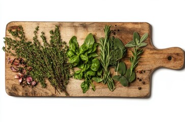 Cutting board with fresh herbs and spices, top view,