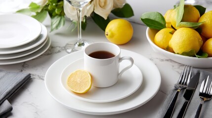 A minimalist white table setup features a delicate porcelain cup with tea, whole lemons, and vibrant green leaves in bright natural light, inviting a refreshing ambiance