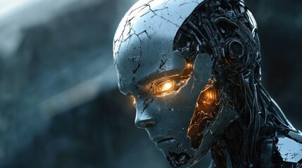 Futuristic robotic figure with glowing eyes in dark setting