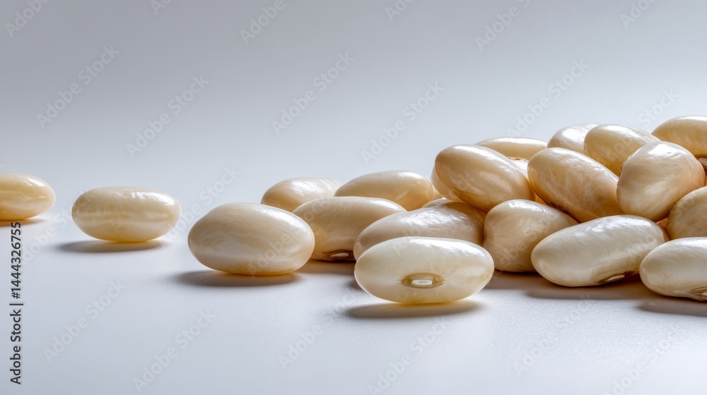 Poster a close-up view captures a cluster of creamy ivory beans naturally arranged against a pure white bac