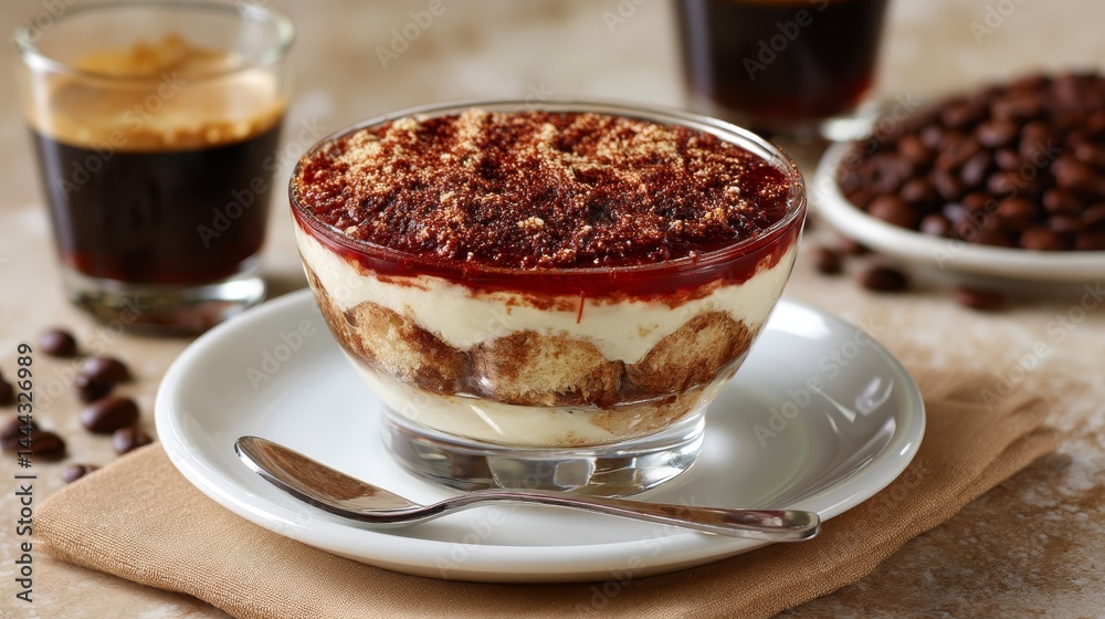 Poster delight in a close-up view of a single-serve tiramisu featuring rich layers of creamy texture and co