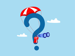 businessman with huge question mark look through binoculars to search for new business idea new business opportunity; seek for success concept vector