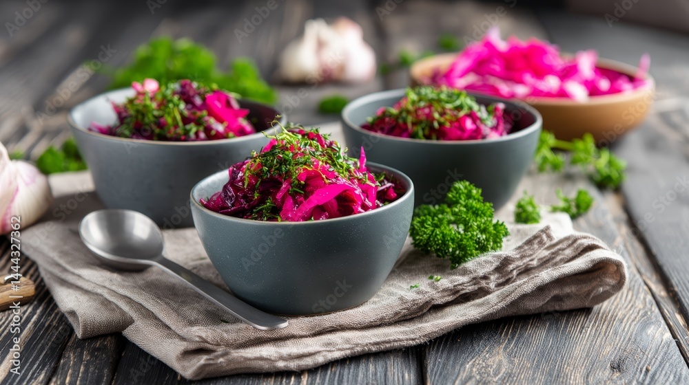 Aufkleber gray ceramic bowls generously filled with colorful beet and cabbage slaw sit on rustic linen, beauti