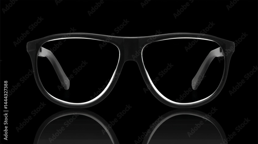 Poster Matte black protective eyewear featuring scratch-resistant transparent lenses rests on a gleaming white surface, showcasing its sleek design and functionality