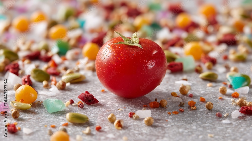 Poster a ripe red tomato stands out against a backdrop of scattered herbs and vibrant spice grains, providi
