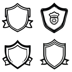 Black outline Shields collection set, Police badge with star, Ribbon decorations vector