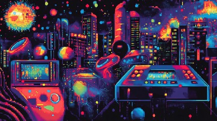 Obraz premium Retro-Futuristic Pixelscape: A Vibrant Digital Metropolis of Nostalgia