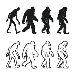 Epic Bigfoot Silhouette Vector Collection Featuring Forest, Mountain, and Mythical Cryptid Scenes in Minimalist Black Style