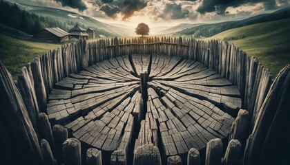 Cracks in an Old Wooden Fence Weathered split wood of an old fen