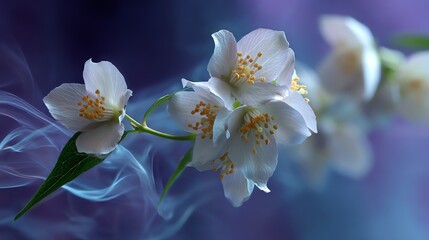 Blooming Jasmine Flowers with Blue Smoke on a Dark Moody Background