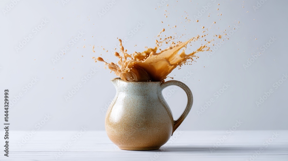Poster Oat milk splashes dramatically from a ceramic jug, creating a lively visual on a clean white background with ample copy space for text