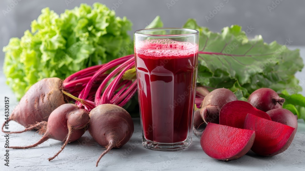 Aufkleber a tall glass of vibrant beetroot juice with a frothy top rests on a marble countertop alongside fres