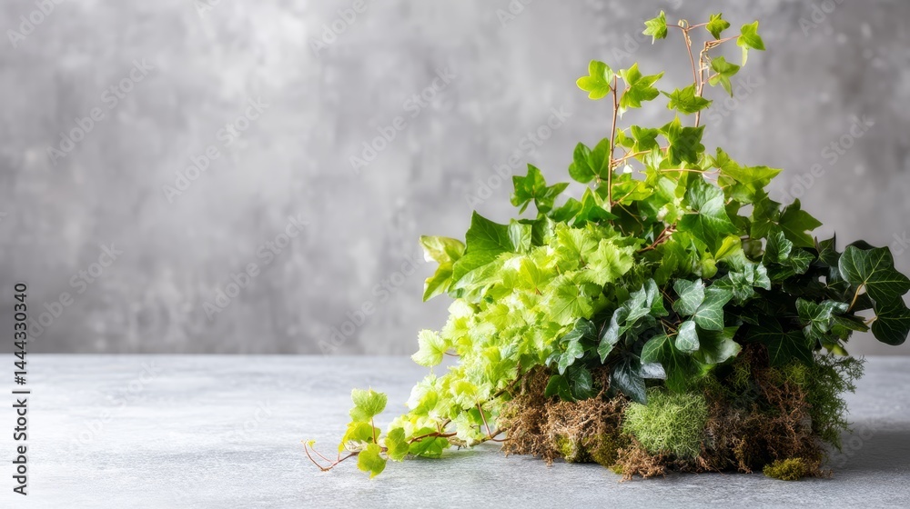 Poster a layered arrangement of vibrant ivy and moss varieties creates a striking contrast against a smooth