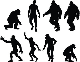 Epic Bigfoot Silhouette Vector Collection Featuring Forest, Mountain, and Mythical Cryptid Scenes in Minimalist Black Style