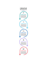 Creative infographic template showing a vertical flow of five connected circles with a subtle gradient from teal to pink. Each circle contains an icon and text area, connected by downward arrows.