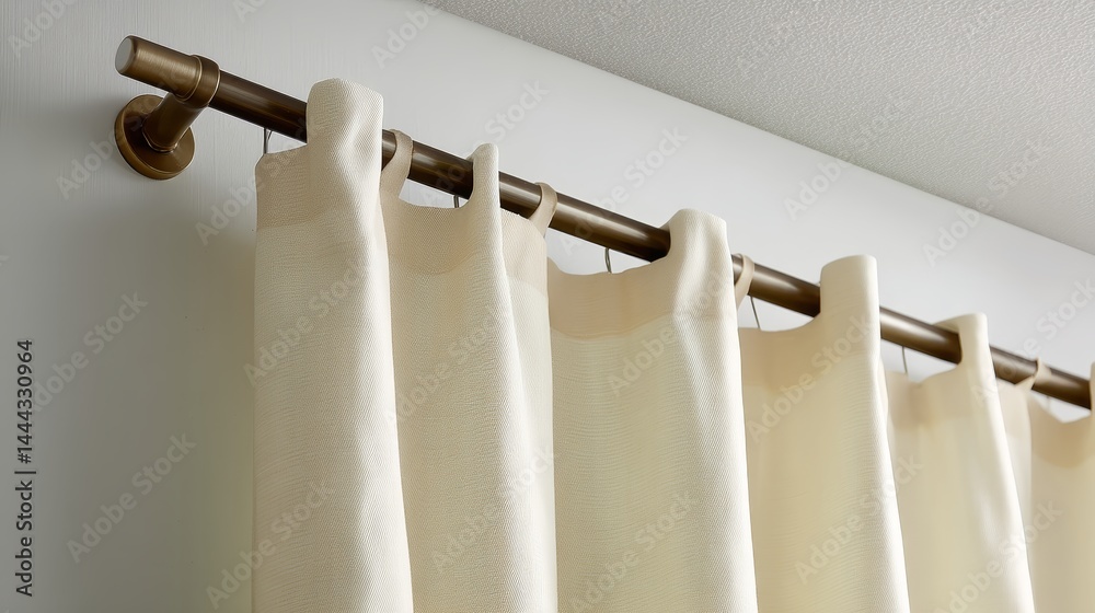 Poster soft ivory curtains elegantly cascade from a bronze rod, adding warmth to a cozy interior with a ser