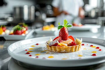 Strawberry Tart, Close-up Shot right view, served on a white plate, background of kitchen