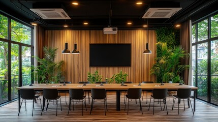 Fototapeta premium Modern Conference Room with Wooden Walls and Lush Greenery