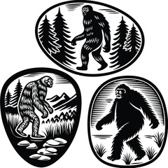 Epic Bigfoot Silhouette Vector Collection Featuring Forest, Mountain, and Mythical Cryptid Scenes in Minimalist Black Style