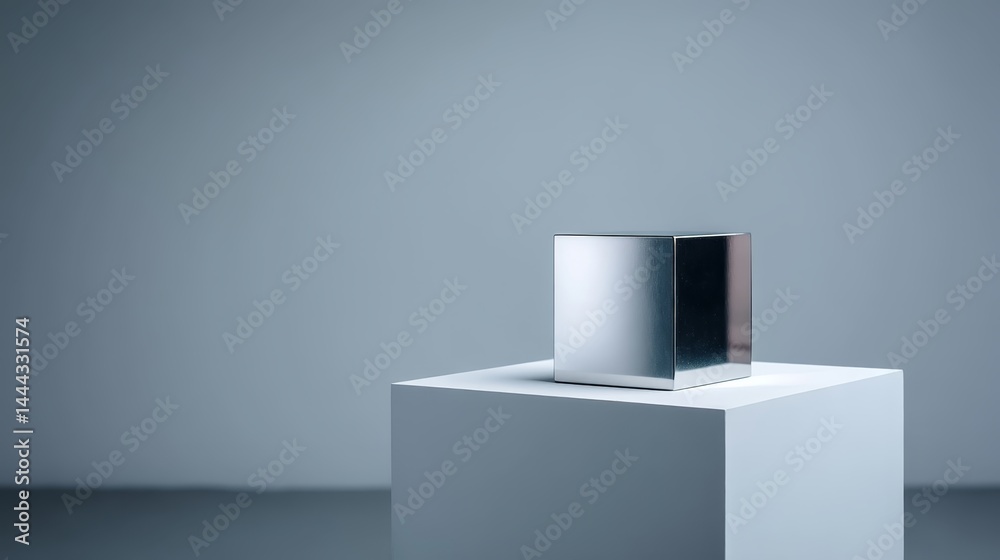Leinwandbilder a polished silver cube rests on a matte white pedestal, set against a smooth, neutral backdrop that 