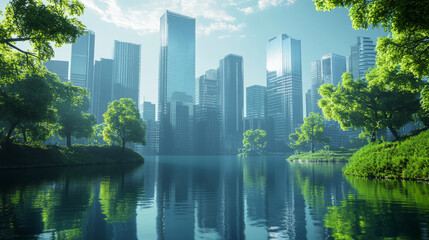 Obraz premium futuristic cityscape featuring tall skyscrapers surrounded by lush greenery and serene lake reflects harmony between nature and urban development. vibrant colors evoke sense of tranquility