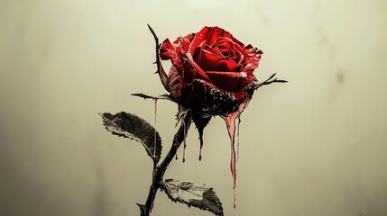 A single red rose with melting petals and drips, set against a plain background.