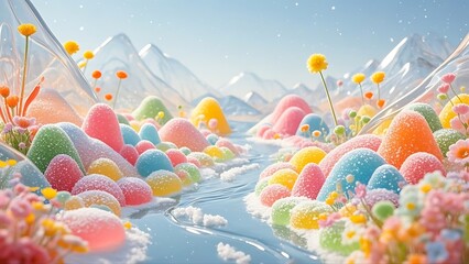 Minimalist transparent gummy art landscape with sugar-coated hills, candy rivers, and wildflowers in vibrant colors. 