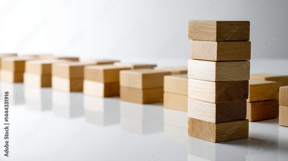 Poster unfinished wooden blocks are skillfully stacked into a tall structure on a clean white surface, crea