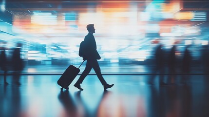 Fototapeta premium A person with a suitcase walks through a brightly lit, modern, and busy transportation hub with a blurred, colorful background.