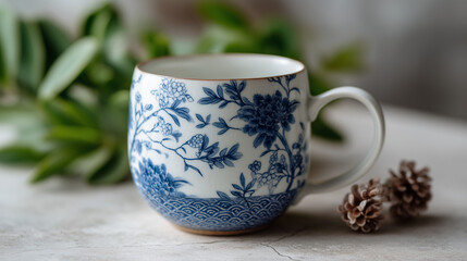 Ceramic Teacup: A close-up shot captures a beautifully designed ceramic teacup, showcasing an intricate blue and white floral pattern.