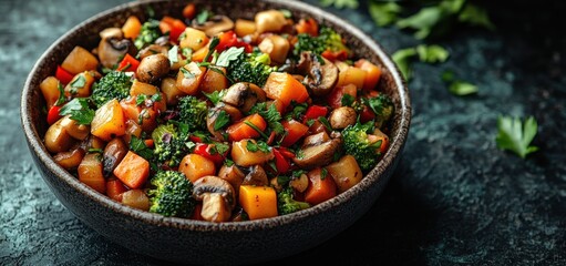 Delicious Roasted Vegetable Medley: A vibrant mix of broccoli, mushrooms, potatoes, and carrots, seasoned to perfection.  A healthy and flavorful side dish or light meal.