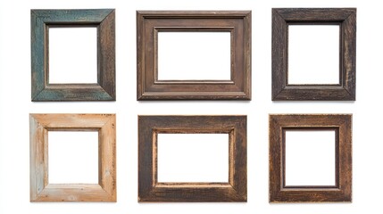Collection of rustic wooden frames with faded brown finishes on white background.