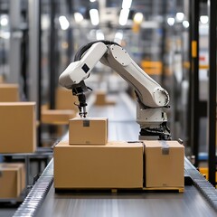 A robotic arm sorts cardboard boxes on a conveyor belt in an automated warehouse.