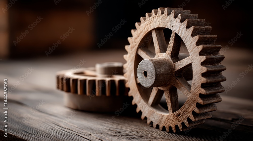 Poster macro shot highlights intricately designed wooden cogwheels on a deep brown wood backdrop, showcasin
