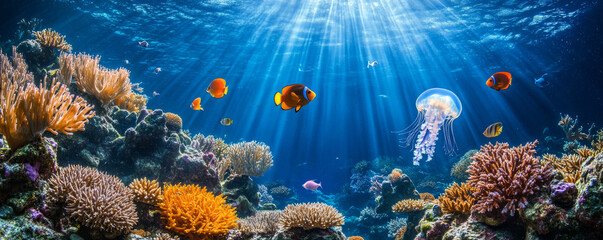 Obraz premium coral reef teeming with colorful fish and diverse sea plants, illuminated by sun rays filtering through water, creates serene underwater scene. presence of jellyfish adds to enchanting