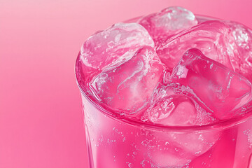close up of ice cubes in pink lemonade on pink background with copy space