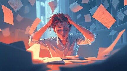 A stressed person sits at a desk with papers flying around, overwhelmed by work or studies in a cluttered, intense environment.
