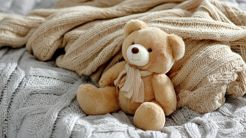 Poster soft plush teddy bear sits comfortably on a knitted blanket, illuminated by warm light, creating a n