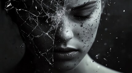 A woman's face, half covered with shattered glass, evokes emotions of fragility, pain, and introspection in a dark, artistic portrait.