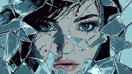 A woman's face is reflected through broken shards of glass, creating a fragmented and dramatic visual effect.