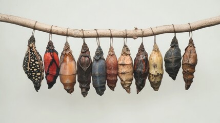 Transformation A Row of Butterfly Chrysalises Hanging from a Branch