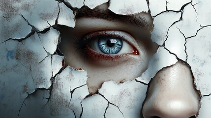 A striking blue eye peers through cracked, dry, peeling surface, symbolizing fragility and resilience.