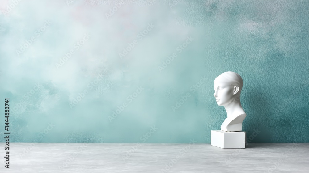 Poster a delicate white plaster bust stands against a muted turquoise backdrop, creating a dreamy atmospher