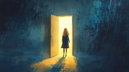 A young girl stands before an open door glowing with bright light, suggesting hope, possibility, and mystery in a dark, textured room.