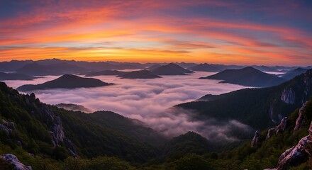 Majestic Sunrise Over Misty Mountains – Vibrant Colors & Panoramic Landscape
