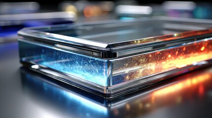 Elegant rectangular clear prism glows blue and orange