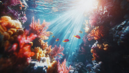Fototapeta premium Colorful coral reef with beautiful fish illuminated by sun rays creates vibrant underwater scene. interplay of light and color evokes sense of tranquility and wonder