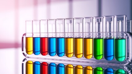 Test tubes in a rack filled with colorful liquids in a laboratory setting. Ideal for science, chemistry, research, experiments, education, and medical or pharmaceutical visuals.