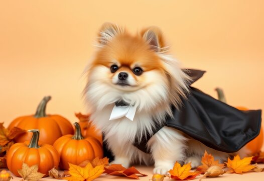 Adorable Pomeranian in Dracula costume, surrounded by pumpkins and autumn leaves on beige background, cute, halloween