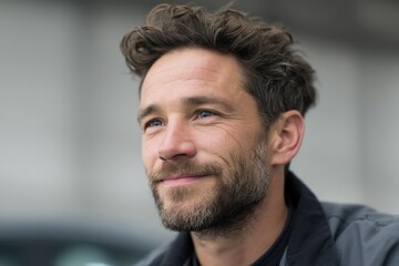 Fototapeta premium auto mechanic leaning on car hood minimalistic portrait with soft blur background